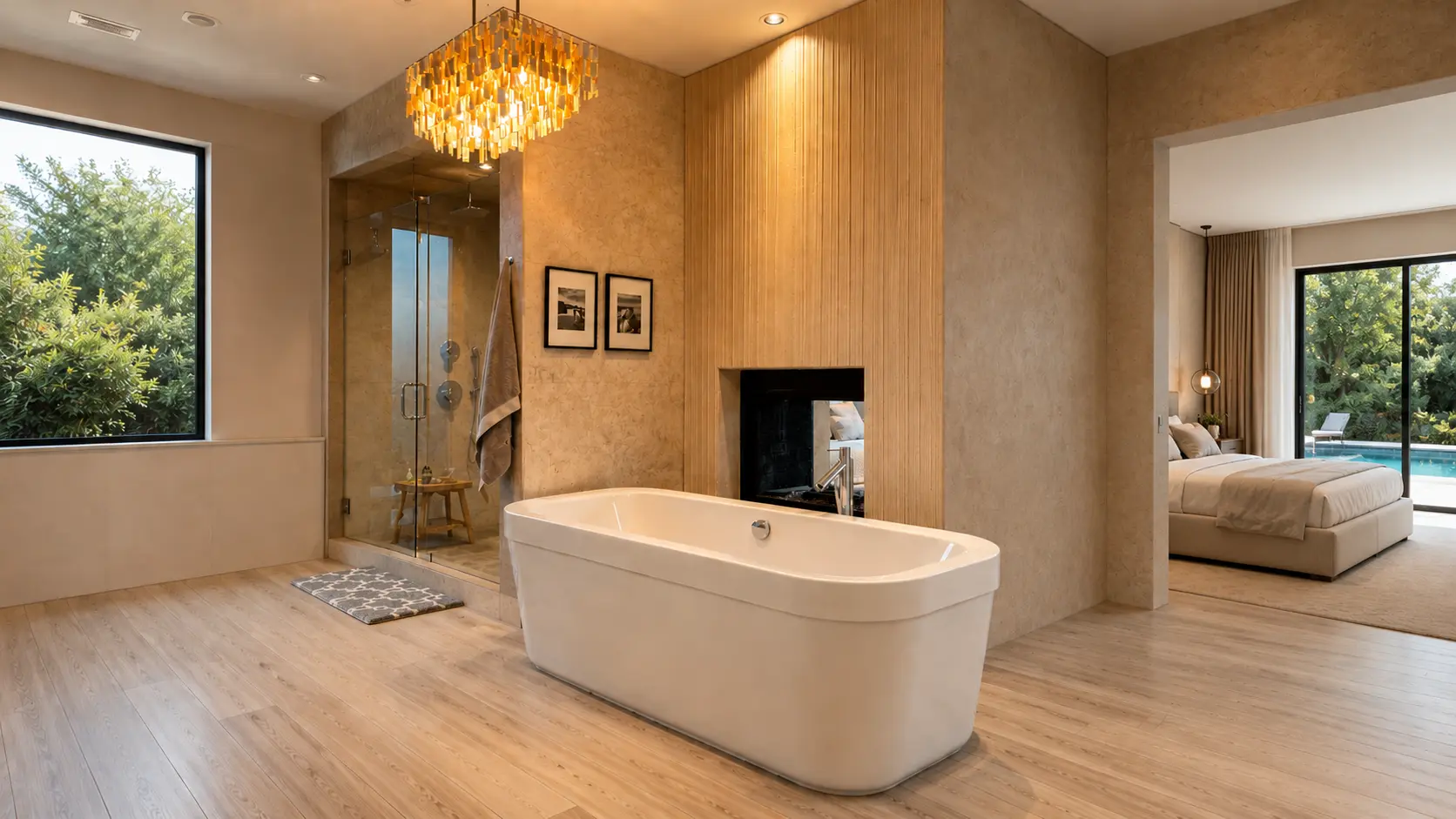 Primary bathroom with a fluted feature wall, fireplace and freestanding tub
