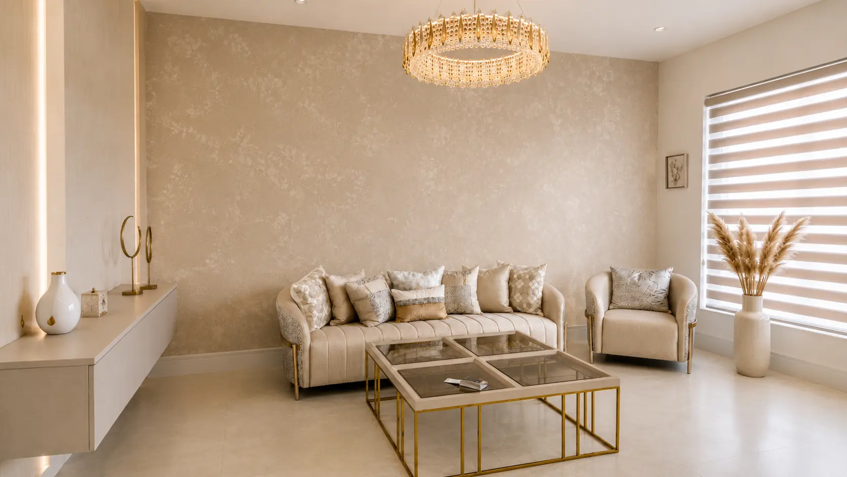 Living room with a Venetian plaster feature wall in a warm pearl tone