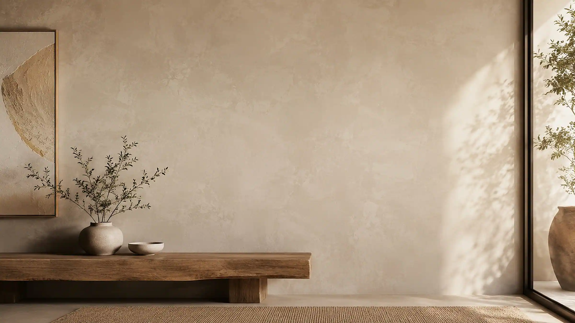 Calm, sunlit interior with a warm decorative plaster feature wall, a wooden bench and potted branches.