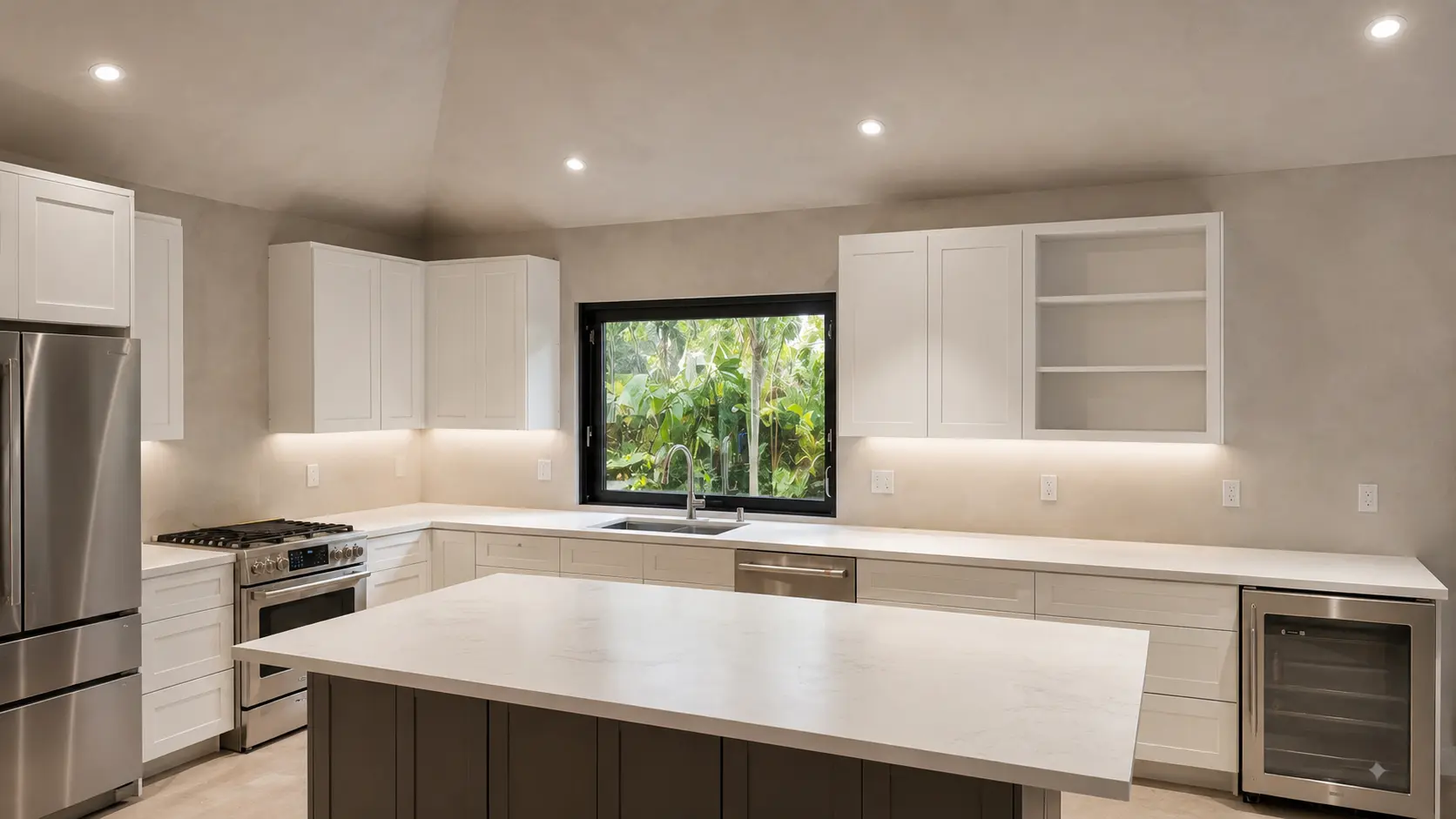 Microcement walls in a bright white kitchen - seamless mineral-cement surface
